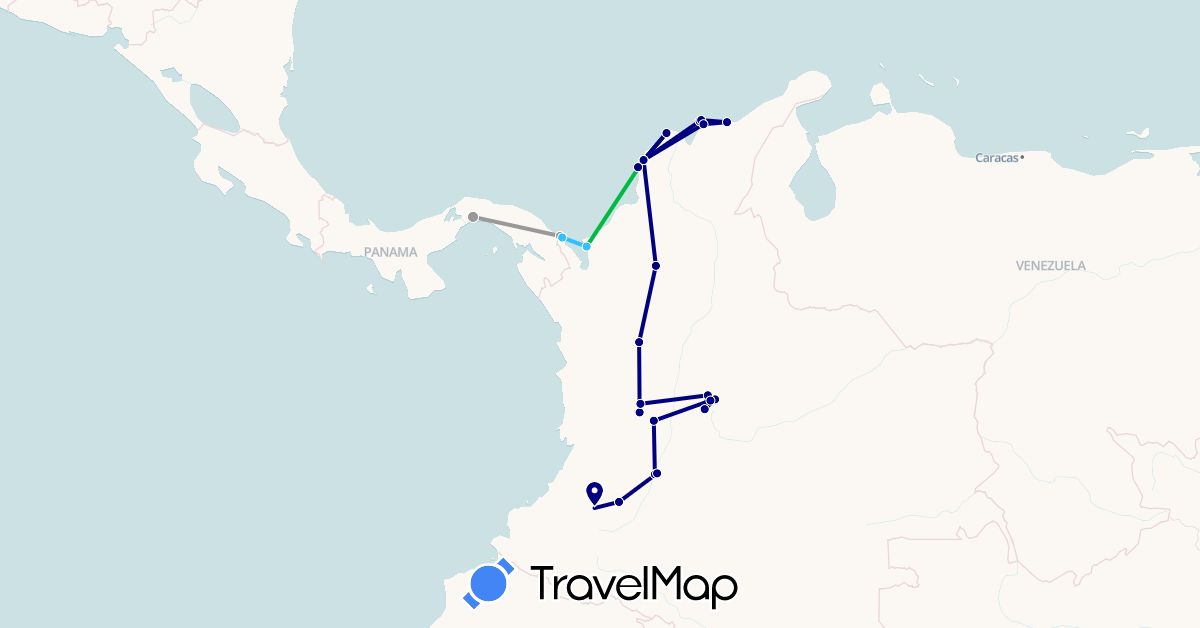 TravelMap itinerary: driving, bus, plane, boat in Colombia, Panama (North America, South America)
